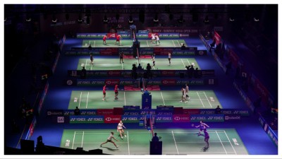 Shuttlers compete at the India Open 2026 badminton tournament at IG Stadium in New Delhi on Jan. 14. 