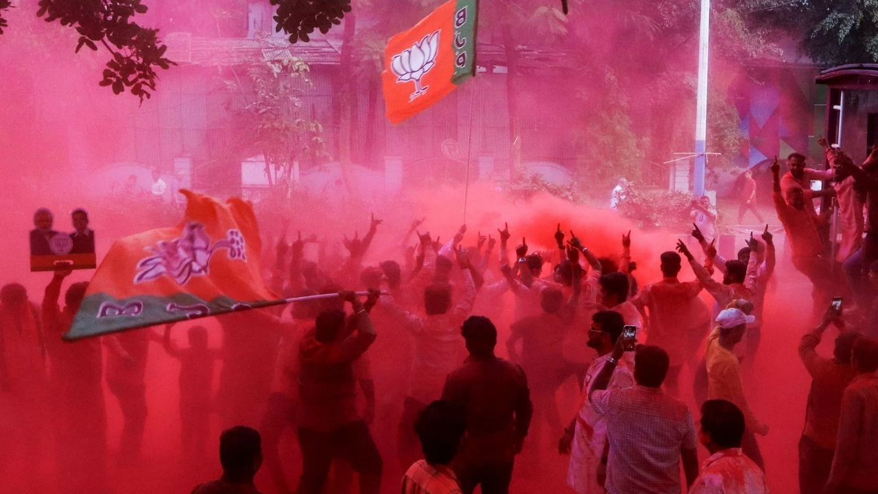 BJP members celebrate victory in the BMC elections 2026 at the party office, in Mumbai on Friday, Jan. 16, 2026.