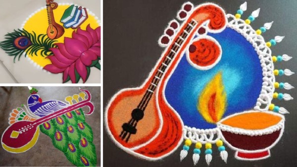Basant Panchami rangoli designs inspired by Goddess Saraswati, veena, lotus and spring blooms
