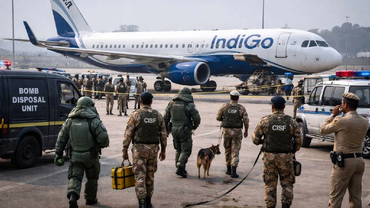 An IndiGo flight from Delhi to Bagdogra made an emergency landing in Lucknow after a bomb threat was found on a tissue. (Ai-generated Image)