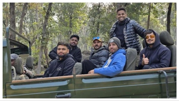 Indian cricketers pose at the Pench Tiger Reserve. 