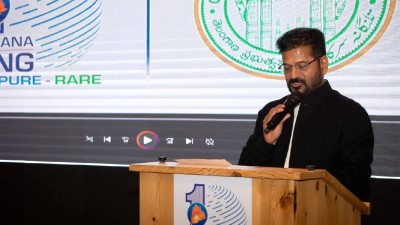 Revanth Reddy speaks at a meeting at World Economic Forum in Davos.