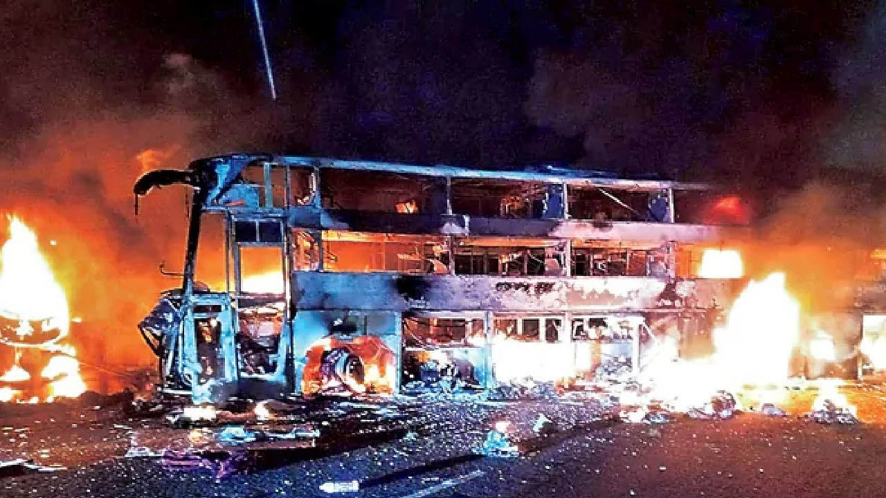 Private travels bus completely gutted in accident in Nandyal, Andhra Pradesh. 