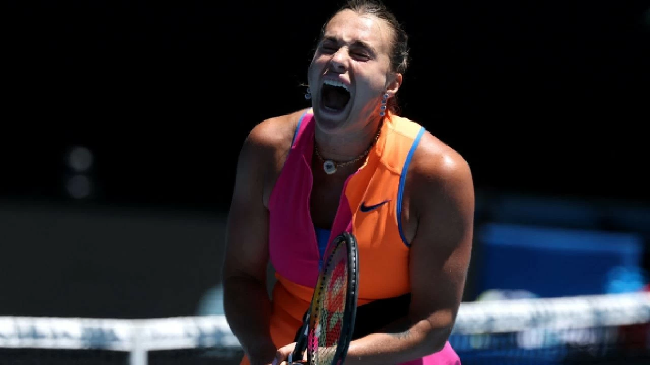 Belarus' Aryna Sabalenka reacts during her third round match at the Australian Open 2026 against Austria's Anastasia Potapova 
