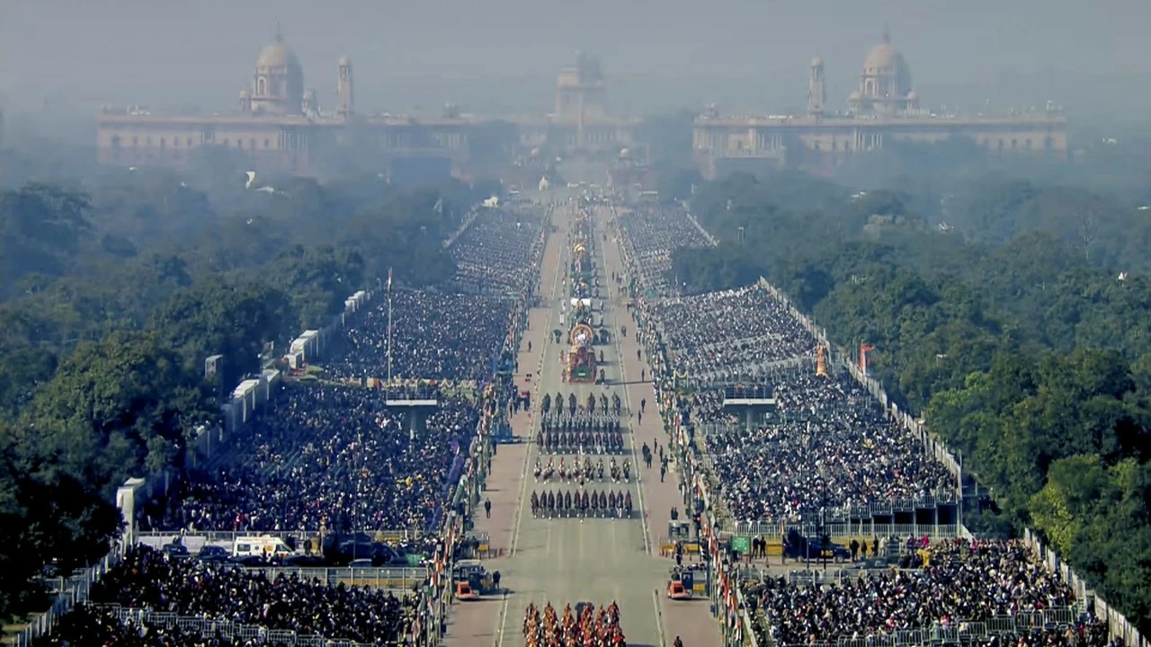Marching contingents and tableaux proceed during the 77th Republic Day Parade at Kartavya Path in New Delhi on Monday. 