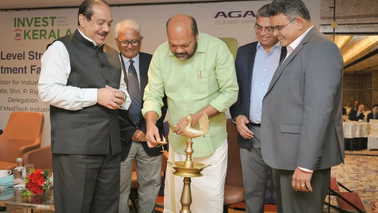 P Rajeev inaugurating a High-Level Strategic Investment Facilitation Dialogue for the In Vitro Diagnostics (IVD) and MedTech sector convened by the Industry Department, Government of Kerala, in association with Agappe Diagnostics Ltd, at hotel Taj Airport International, Nedumbassery,
