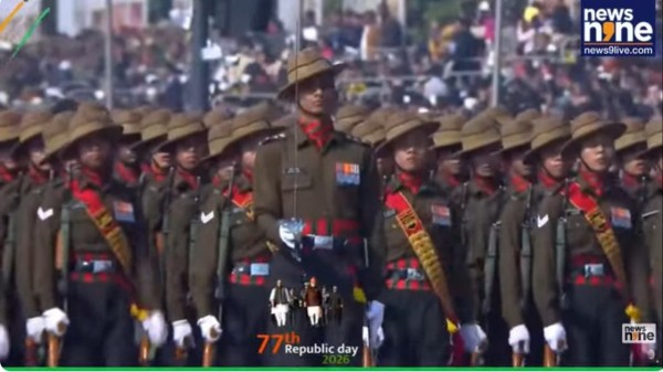 Assam Regiment personnel march at Kartavya Path during Republic Day Parade in New Delhi on Monday.