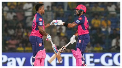 Rajasthan Royals' Dhruv Jurel and Shimron Hetmyer celebrate their win in the IPL 2025 against Chennai Super Kings on May 20. 