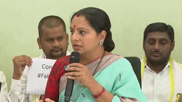 Kavitha speaks at a press conference in Hyderabad.