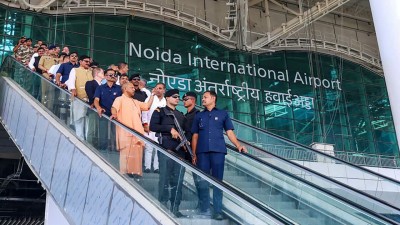 UP CM Yogi Adityanath inspects development works of the under-construction 'Noida International Airport' in Jewar, Gautam Buddh Nagar district (File photo) 
