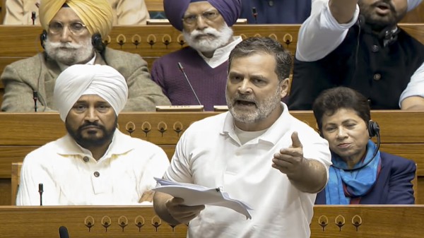 Leader of Opposition in the Lok Sabha Rahul Gandhi speaks in the House on Monday, Feb. 2, 2026. (Sansad TV via PTI Photo)
